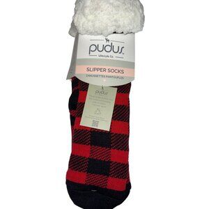 PUDUS Women's Slipper Socks Buffalo Check Plaid Red Black Sherpa Size 5 - 11 NEW